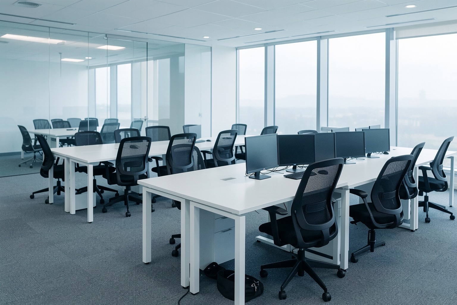 An open-plan office with mesh office chairs, white desks and monitors